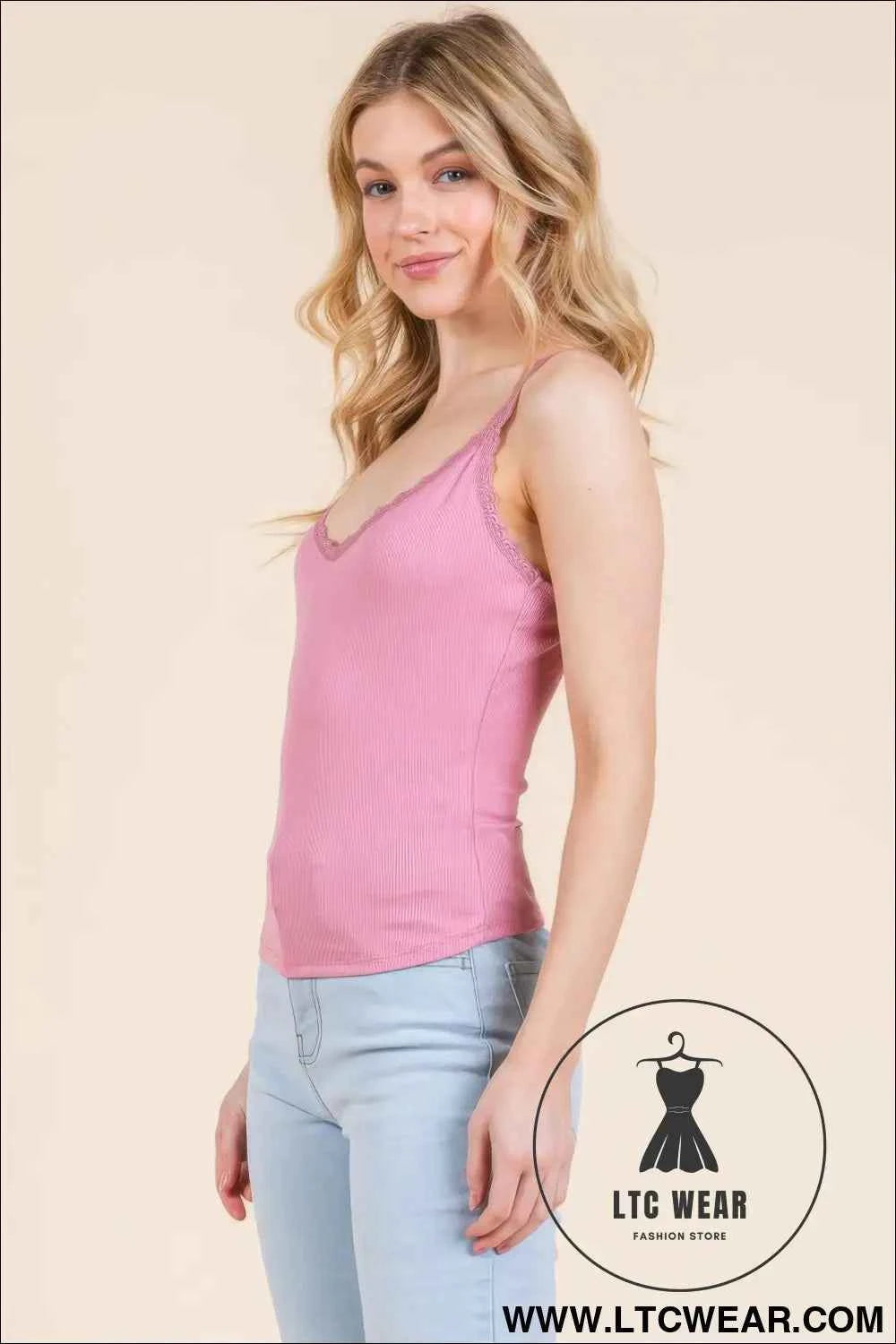 Ribbed V-neck Lace Trim With Strap Tank Top