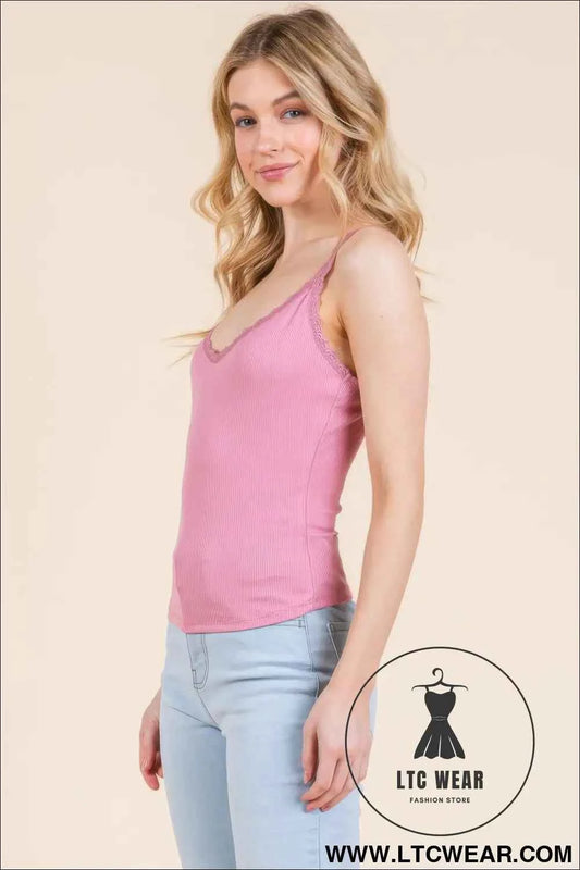 Ribbed V-neck Lace Trim With Strap Tank Top