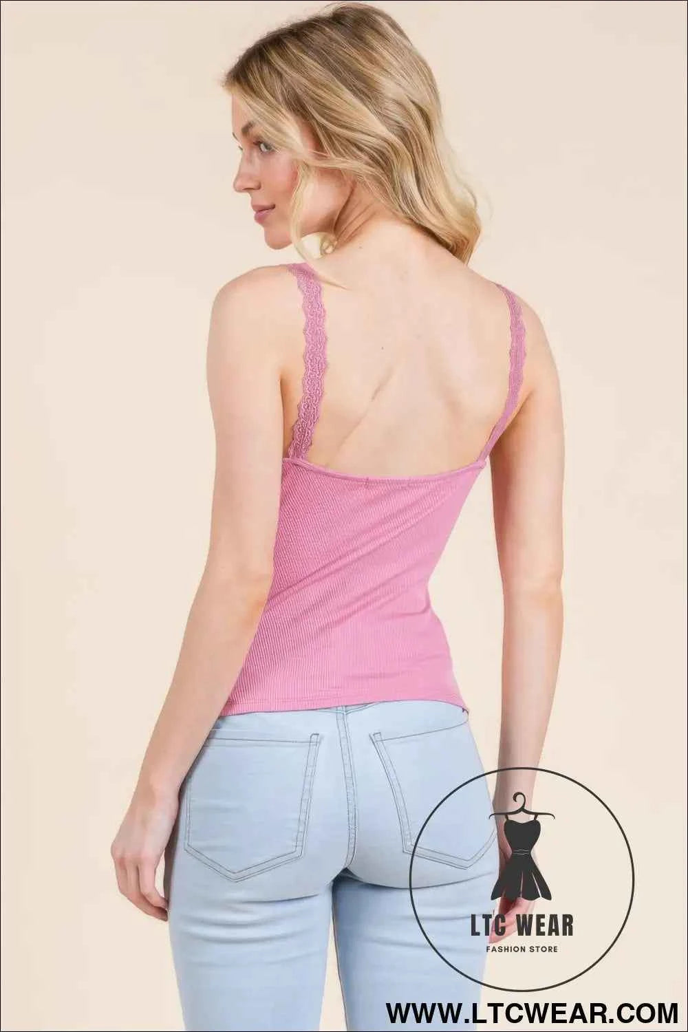 Ribbed V-neck Lace Trim With Strap Tank Top