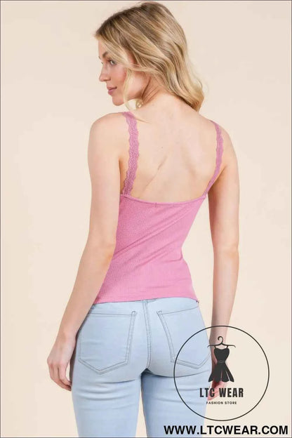 Ribbed V-neck Lace Trim With Strap Tank Top