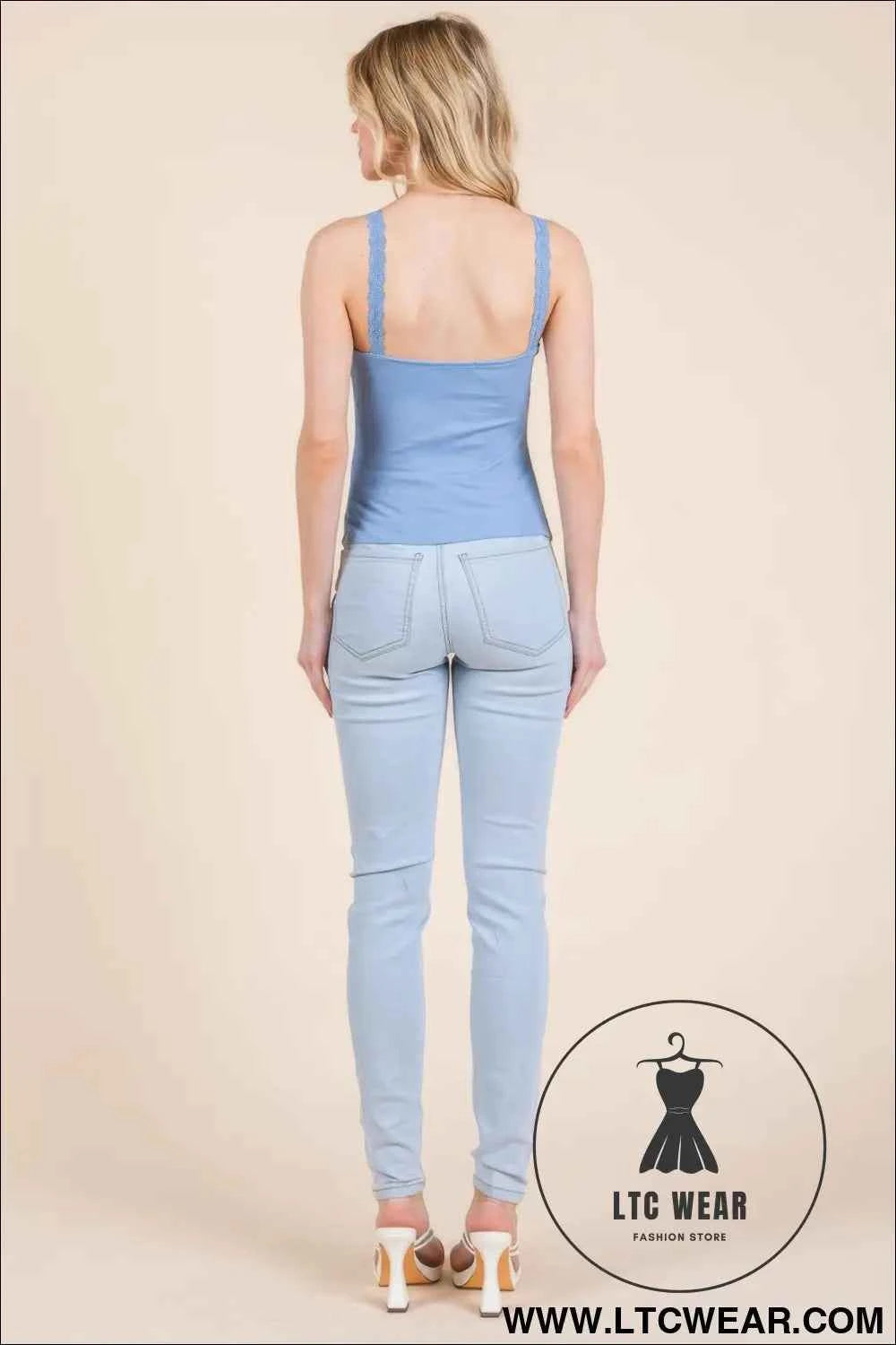 Ribbed V-neck Lace Trim With Strap Tank Top