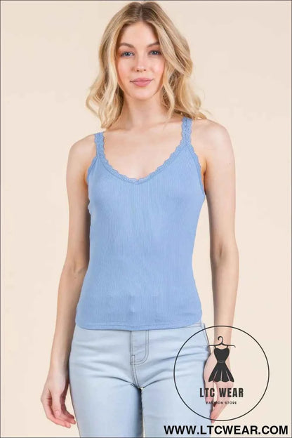 Ribbed V-neck Lace Trim With Strap Tank Top