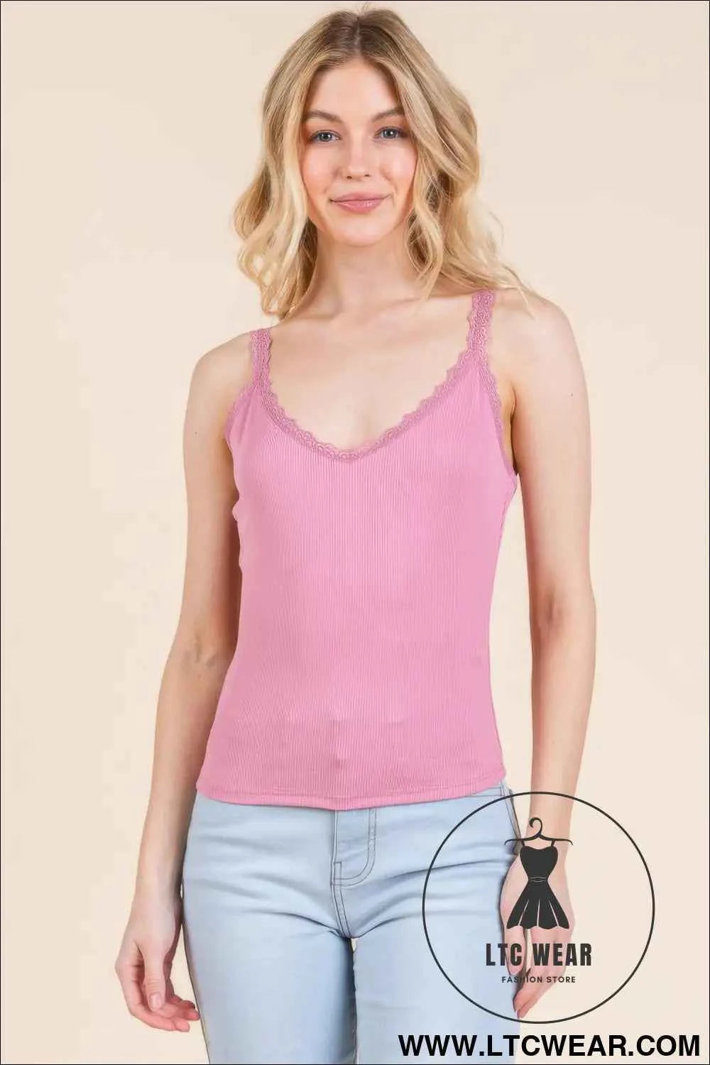 Ribbed V-neck Lace Trim With Strap Tank Top