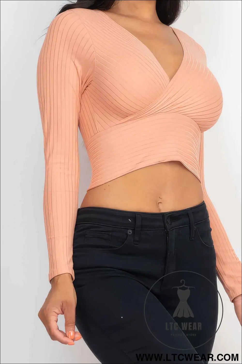Ribbed Wrap Front Long Sleeve Top