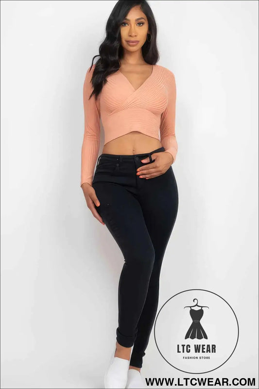 Ribbed Wrap Front Long Sleeve Top