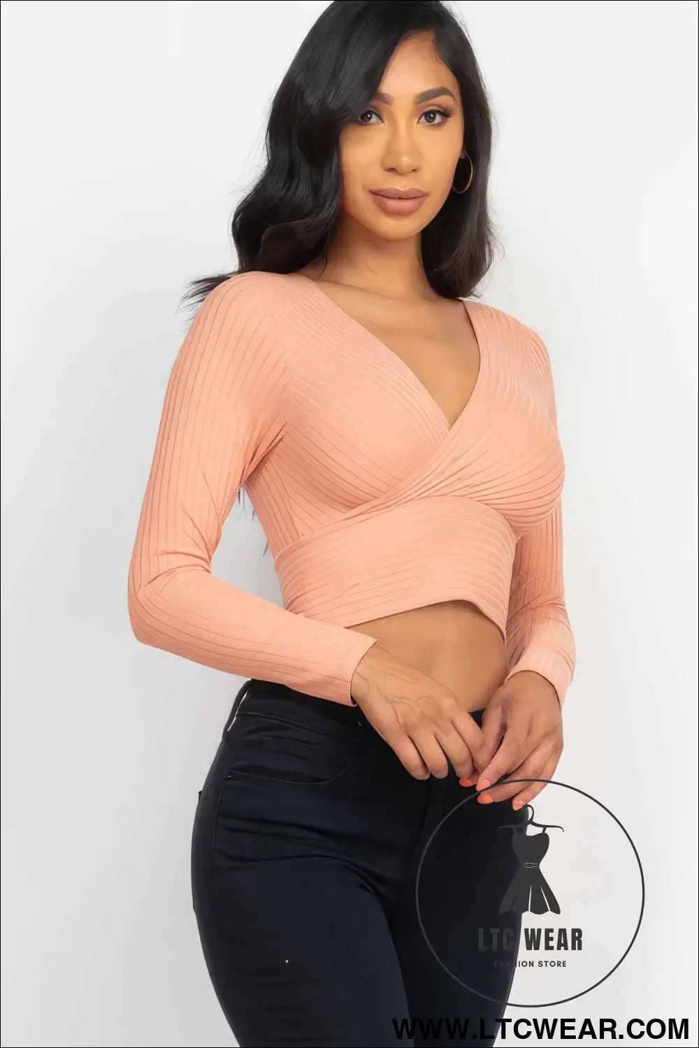 Ribbed Wrap Front Long Sleeve Top