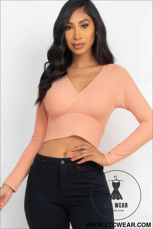 Ribbed Wrap Front Long Sleeve Top
