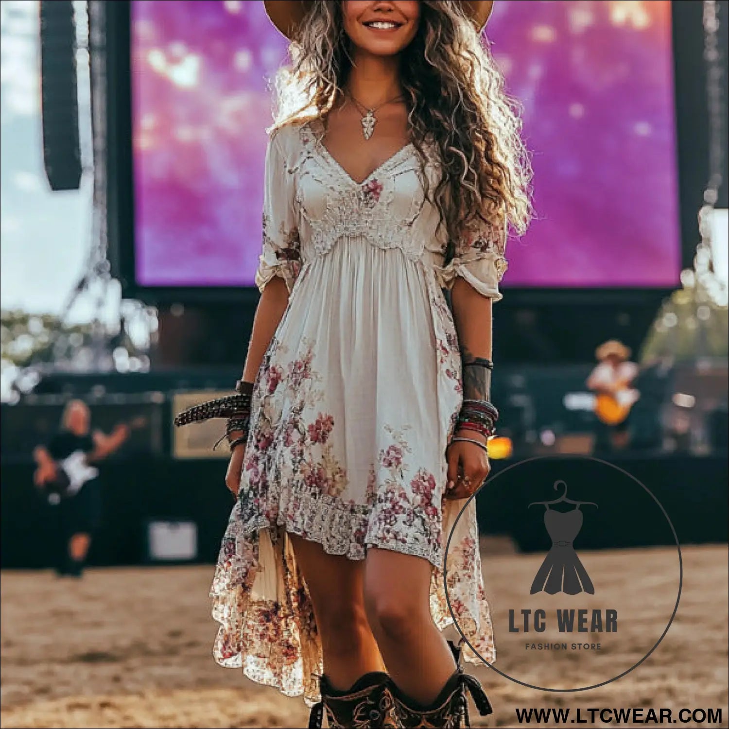 Rock festival rock party v-neck printed dress - suit / xs