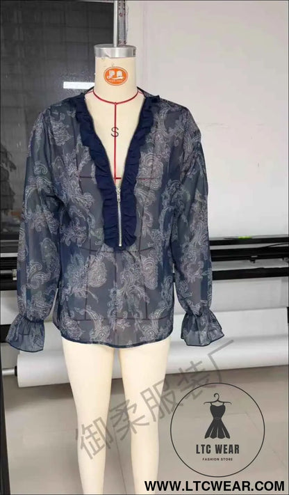 Romantic Boho Deep V-Neck Paisley Ruffle Chiffon Shirt