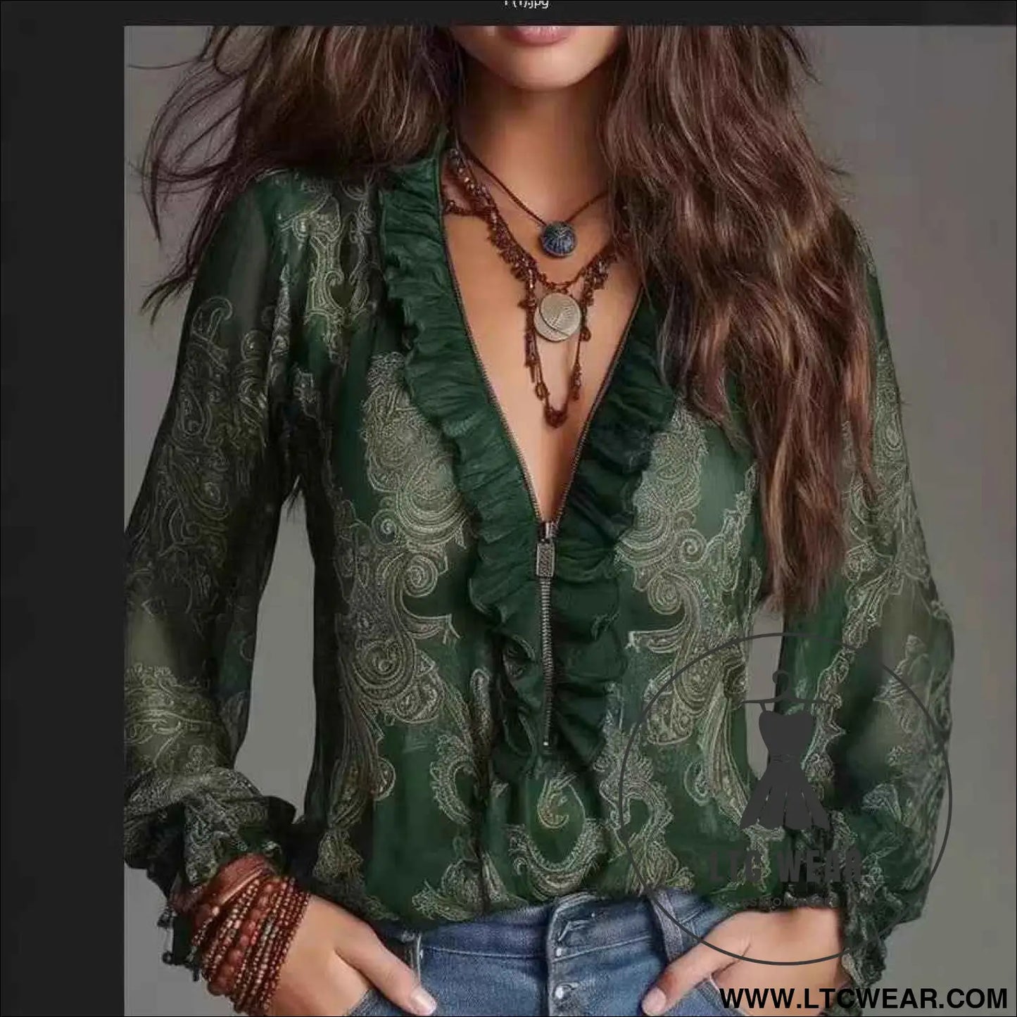 Romantic Boho Deep V-Neck Paisley Ruffle Chiffon Shirt