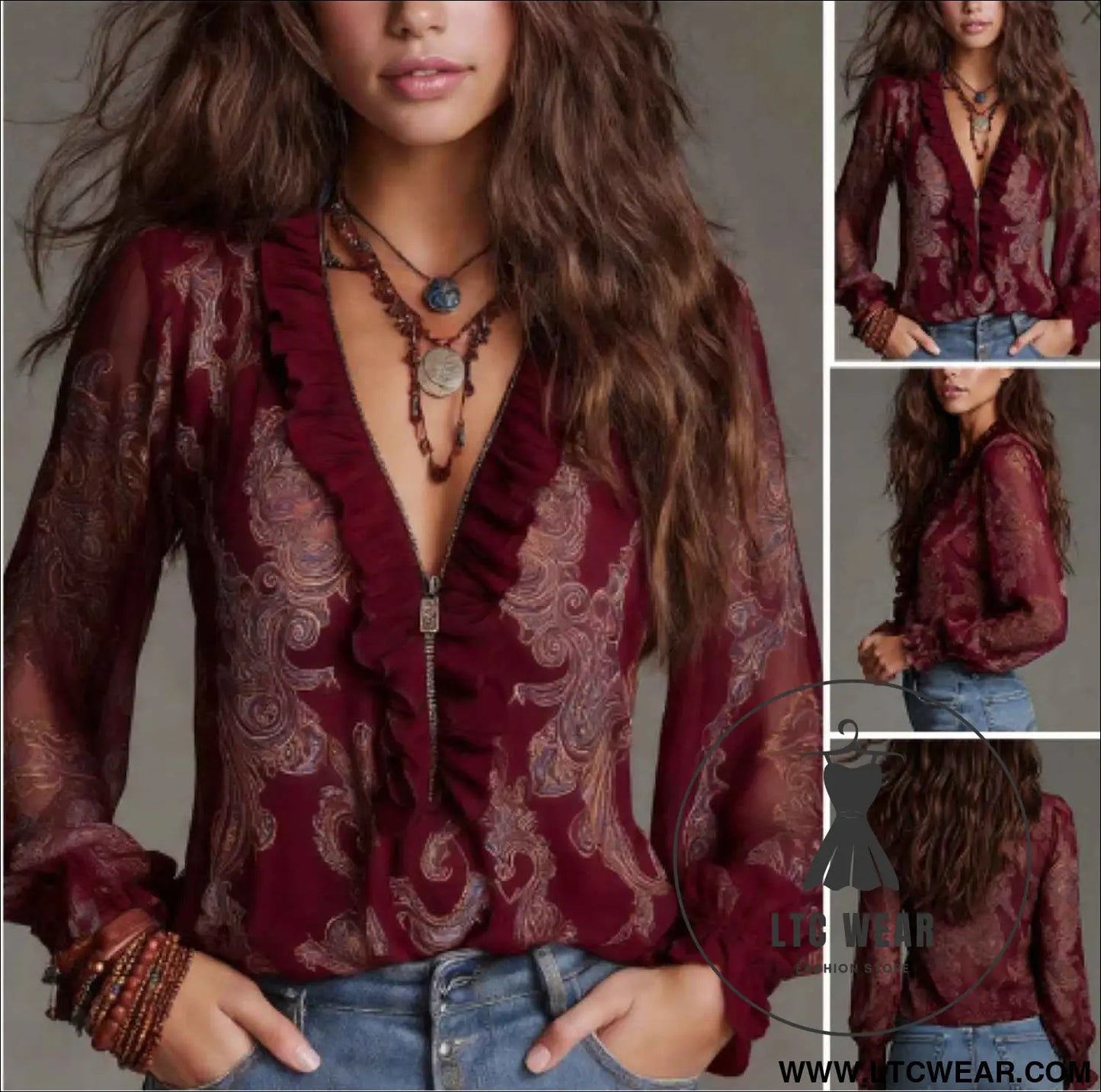 Romantic Boho Deep V-Neck Paisley Ruffle Chiffon Shirt