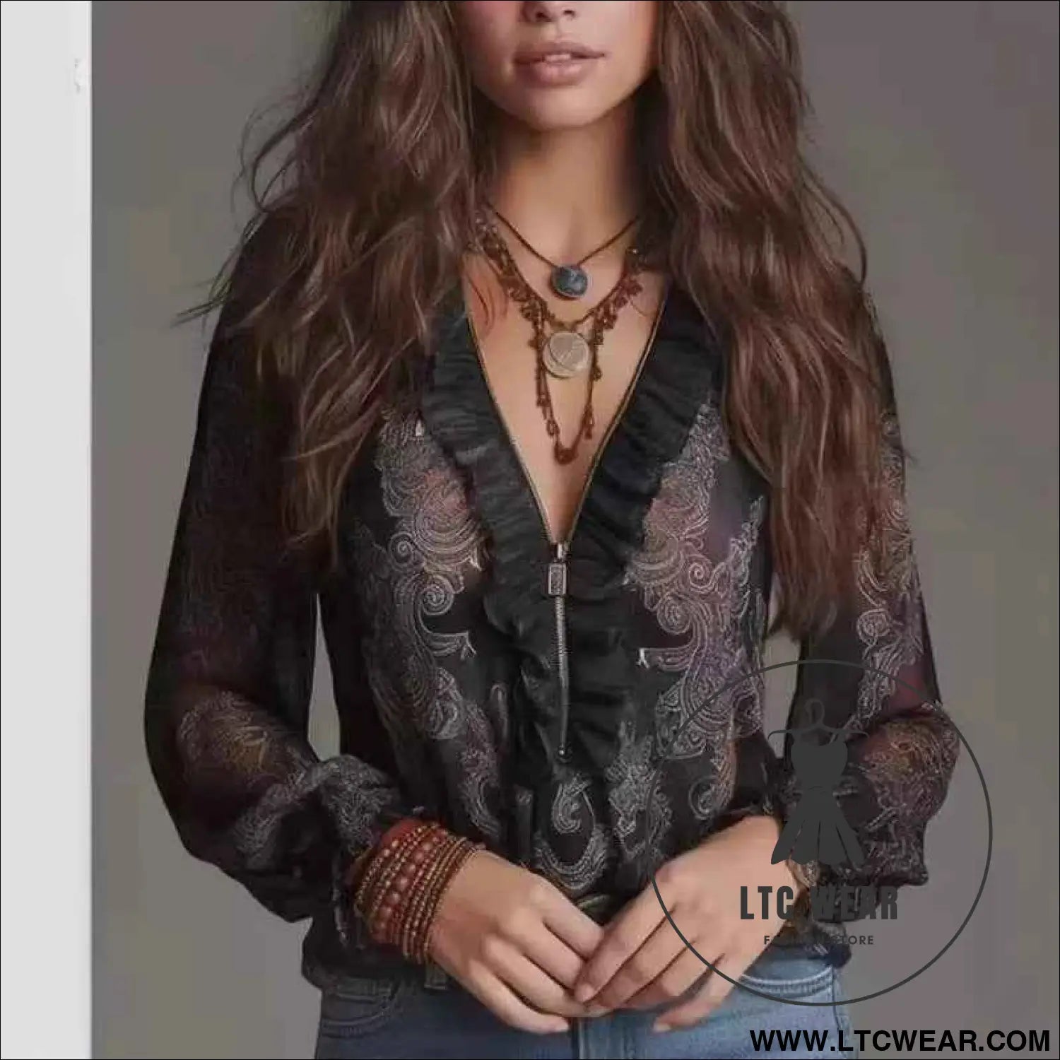 Romantic Boho Deep V-Neck Paisley Ruffle Chiffon Shirt