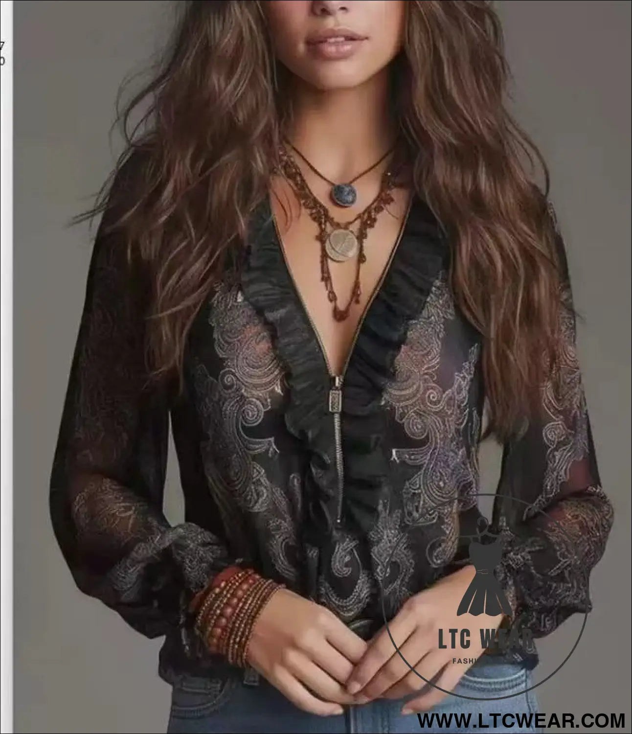 Romantic Boho Deep V-Neck Paisley Ruffle Chiffon Shirt - L.T.C Wear Online Fashion Store