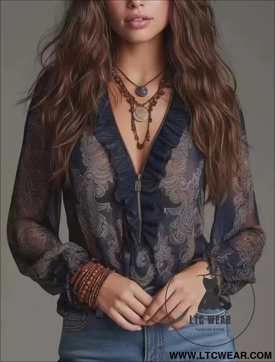 Romantic Boho Deep V-Neck Paisley Ruffle Chiffon Shirt - L.T.C Wear Online Fashion Store