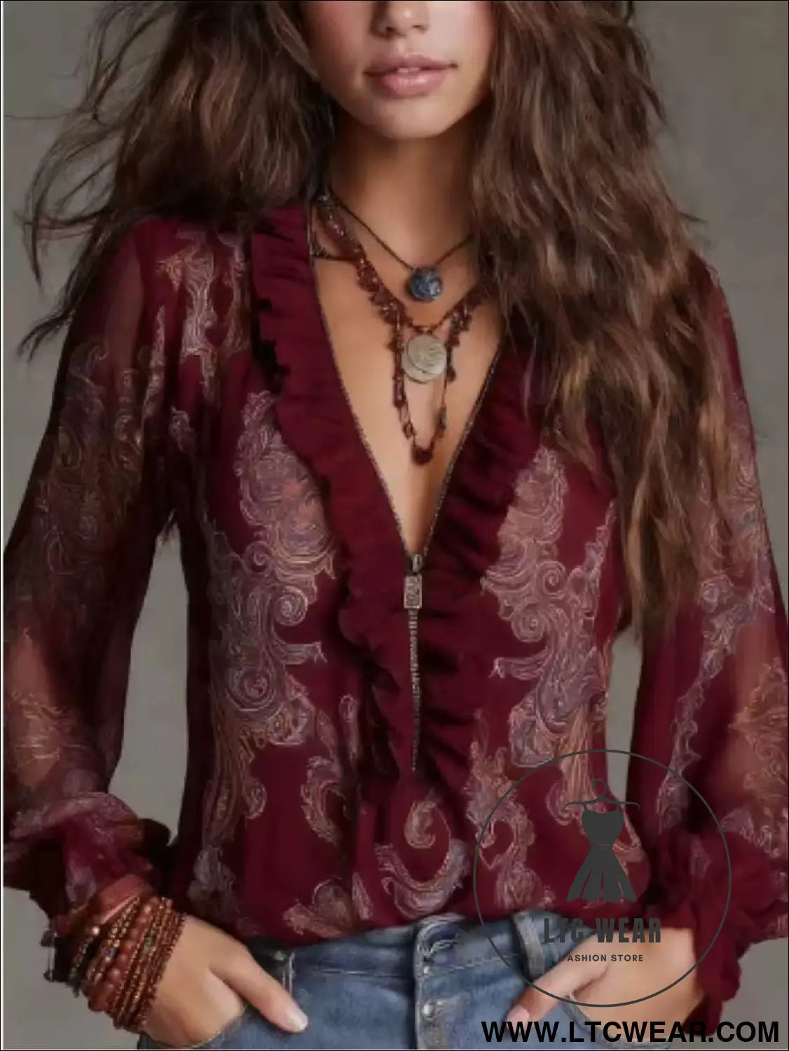 Romantic Boho Deep V-Neck Paisley Ruffle Chiffon Shirt - L.T.C Wear Online Fashion Store