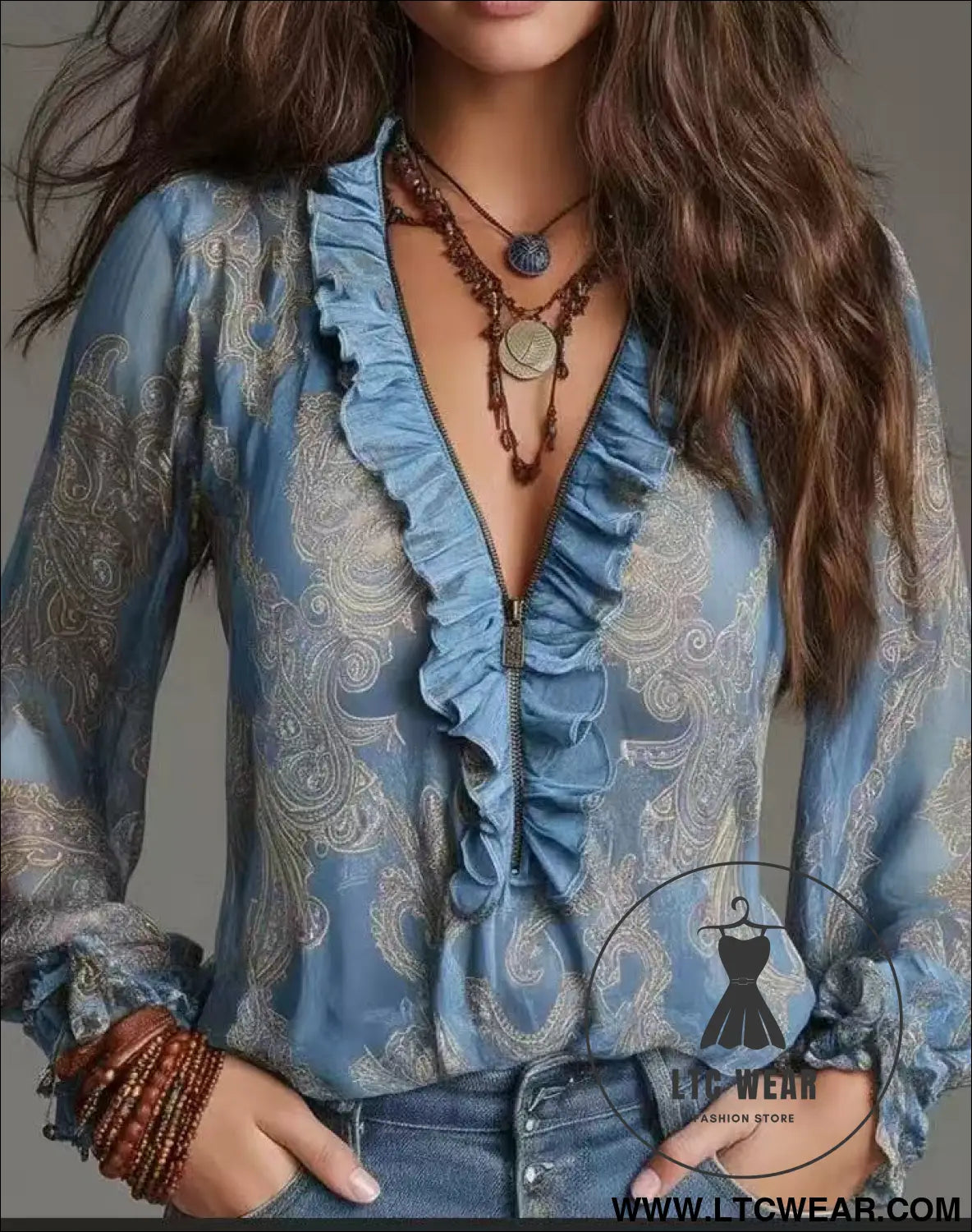 Romantic Boho Deep V-Neck Paisley Ruffle Chiffon Shirt - L.T.C Wear Online Fashion Store