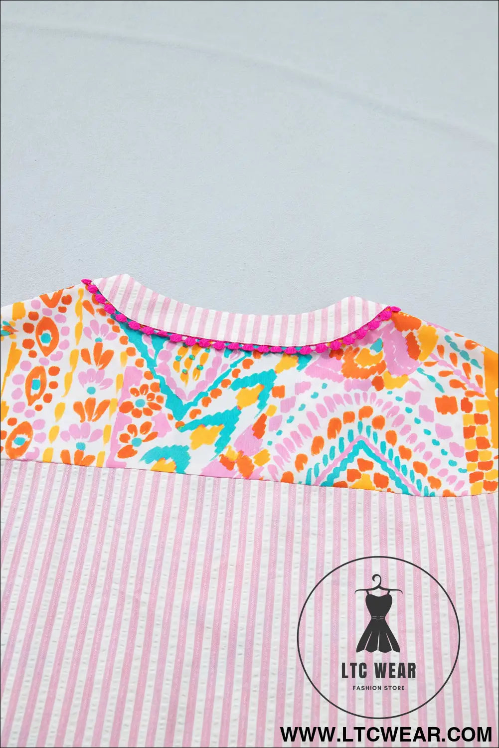 Rose boho mixed print contrast trim striped patchwork tiered short sleeve blouse - blouses & shirts