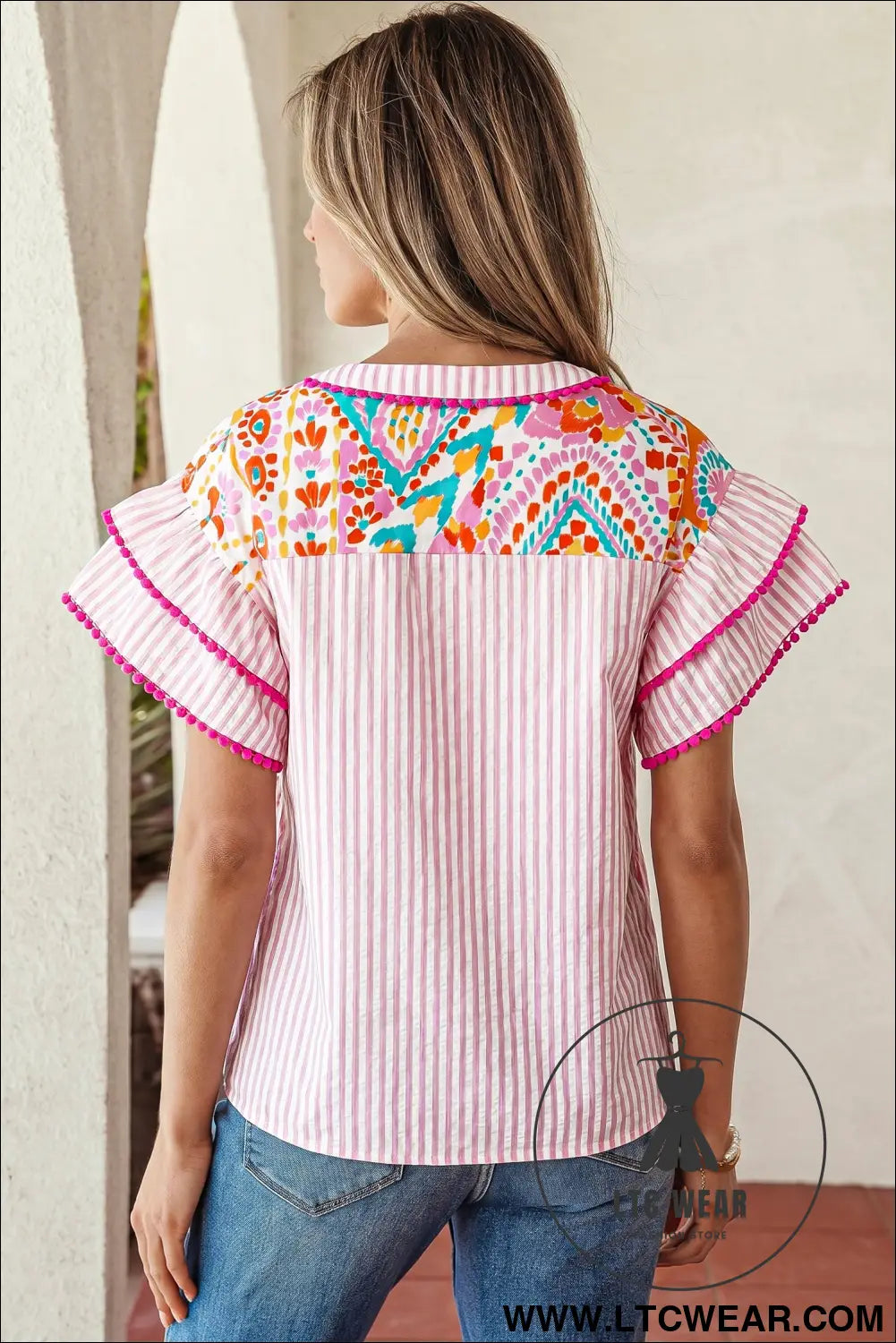 Rose boho mixed print contrast trim striped patchwork tiered short sleeve blouse - blouses & shirts