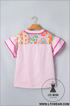 Rose boho mixed print contrast trim striped patchwork tiered short sleeve blouse - blouses & shirts