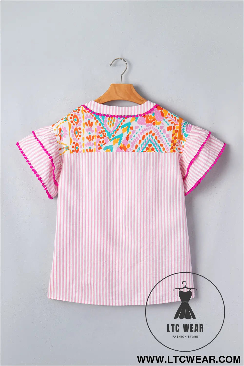 Rose boho mixed print contrast trim striped patchwork tiered short sleeve blouse - blouses & shirts