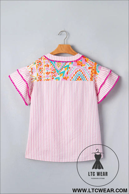 Rose boho mixed print contrast trim striped patchwork tiered short sleeve blouse - blouses & shirts