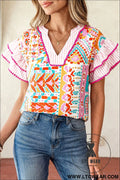 Rose boho mixed print contrast trim striped patchwork tiered short sleeve blouse - rose / l / 100% polyester - blouses