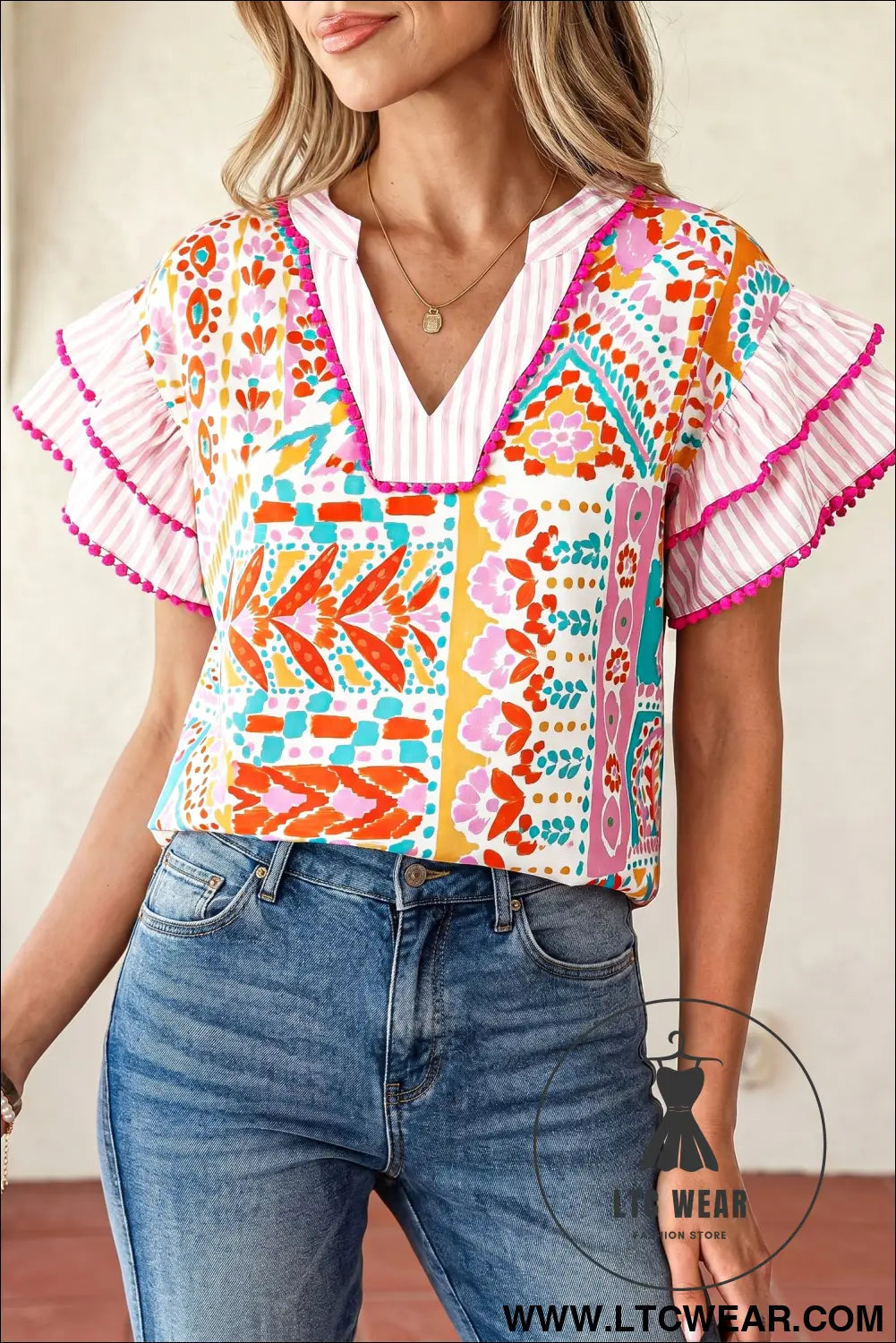 Rose boho mixed print contrast trim striped patchwork tiered short sleeve blouse - rose / l / 100% polyester - blouses