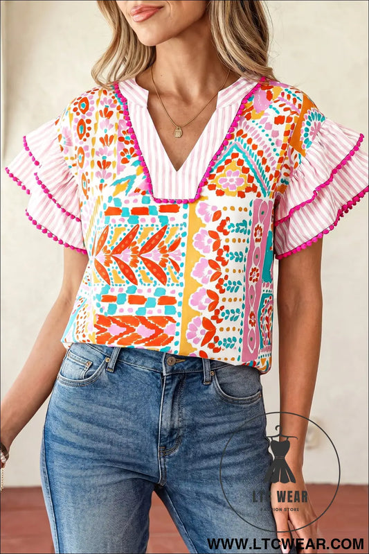 Rose boho mixed print contrast trim striped patchwork tiered short sleeve blouse - rose / l / 100% polyester - blouses
