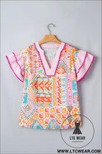 Rose boho mixed print contrast trim striped patchwork tiered short sleeve blouse - blouses & shirts
