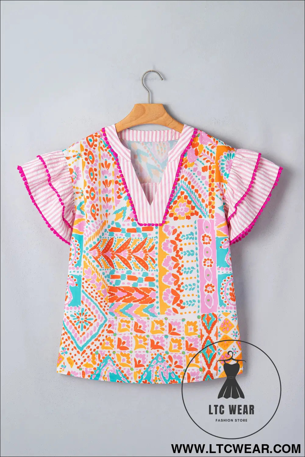 Rose boho mixed print contrast trim striped patchwork tiered short sleeve blouse - blouses & shirts