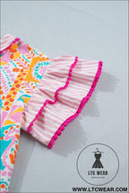 Rose boho mixed print contrast trim striped patchwork tiered short sleeve blouse - blouses & shirts