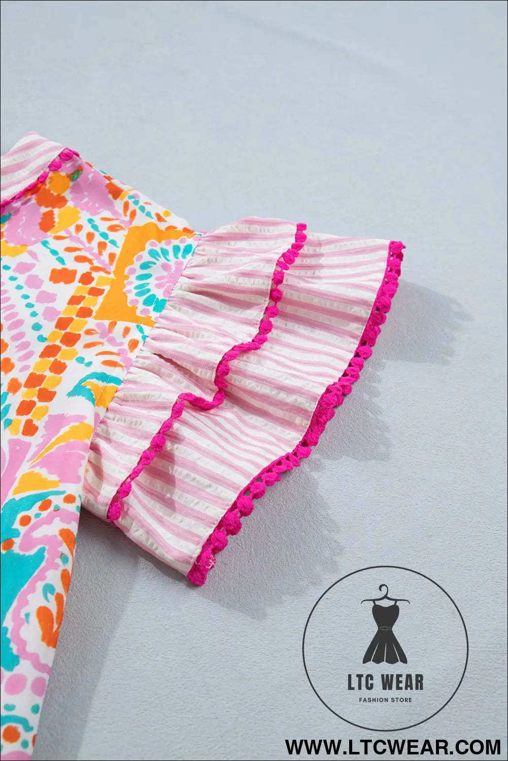 Rose boho mixed print contrast trim striped patchwork tiered short sleeve blouse - blouses & shirts