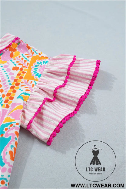 Rose boho mixed print contrast trim striped patchwork tiered short sleeve blouse - blouses & shirts