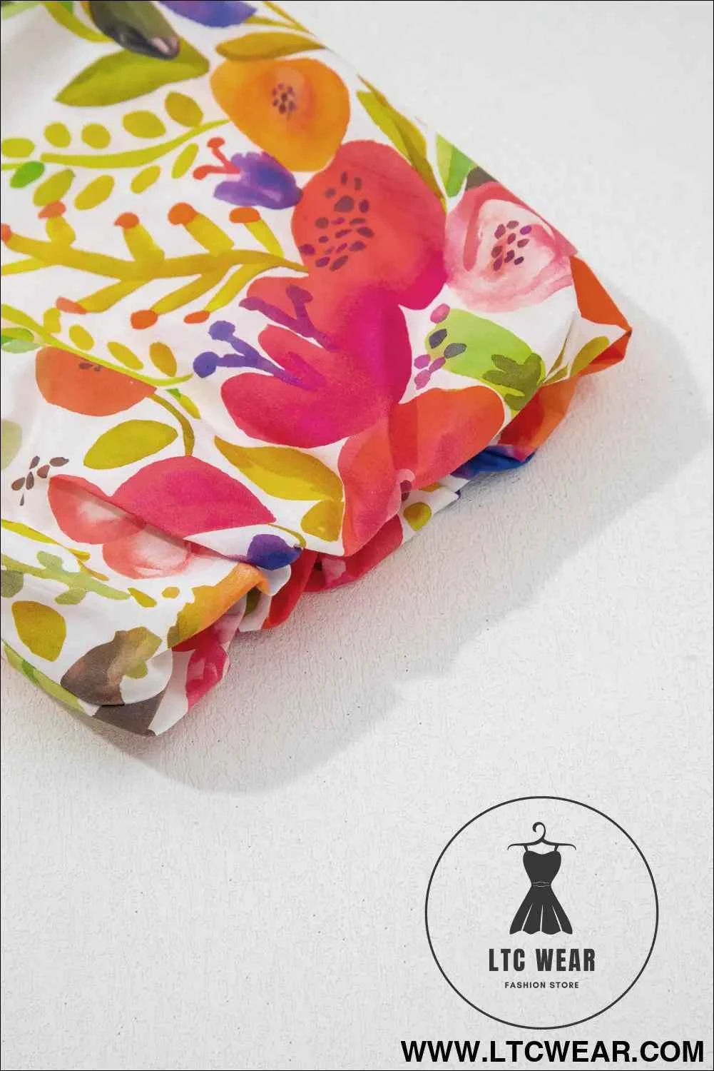 Rose Bright Floral Print Ricrac Trim Striped Patchwork V Neck Dress