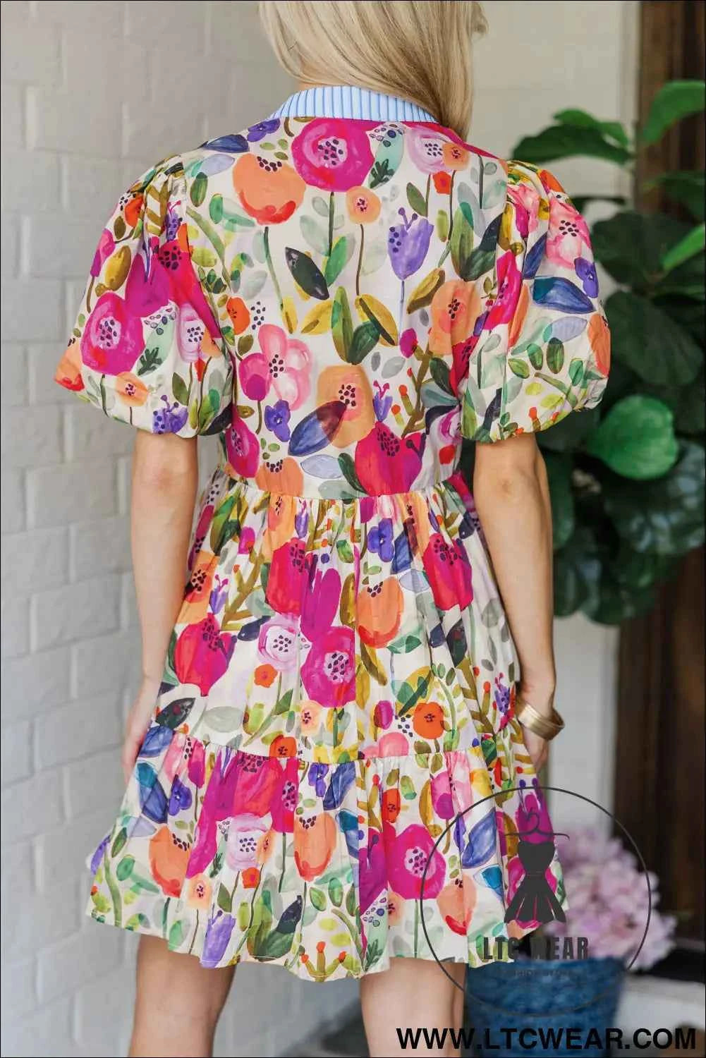 Rose Bright Floral Print Ricrac Trim Striped Patchwork V Neck Dress