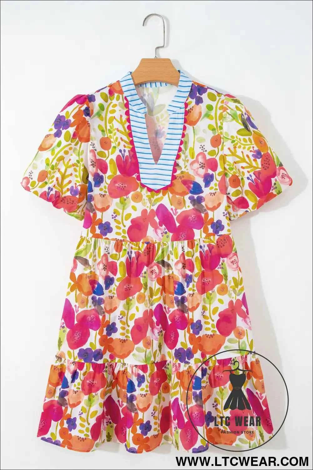Rose Bright Floral Print Ricrac Trim Striped Patchwork V Neck Dress