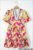 Rose Bright Floral Print Ricrac Trim Striped Patchwork V Neck Dress