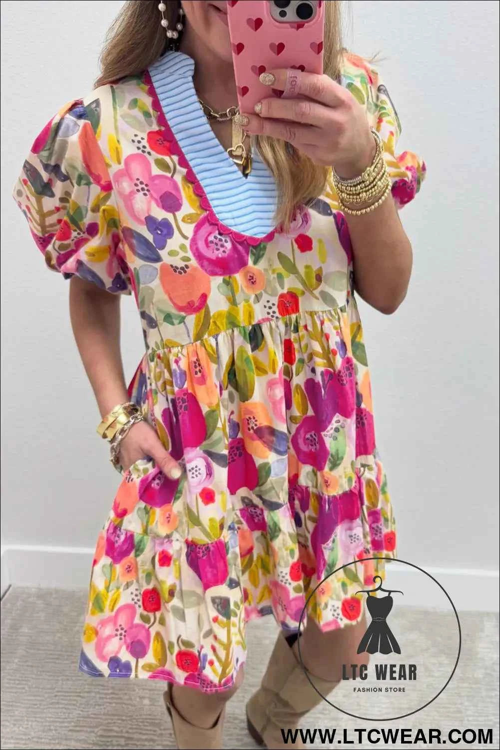 Rose Bright Floral Print Ricrac Trim Striped Patchwork V Neck Dress
