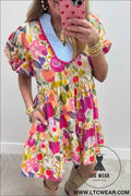 Rose Bright Floral Print Ricrac Trim Striped Patchwork V Neck Dress