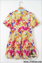 Rose Bright Floral Print Ricrac Trim Striped Patchwork V Neck Dress
