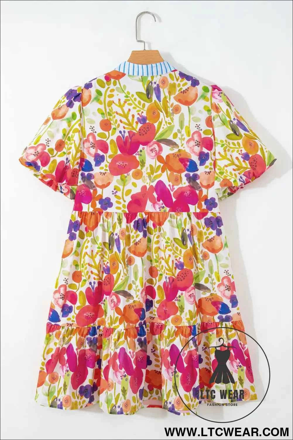 Rose Bright Floral Print Ricrac Trim Striped Patchwork V Neck Dress