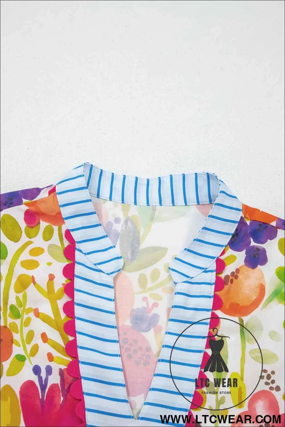 Rose Bright Floral Print Ricrac Trim Striped Patchwork V Neck Dress