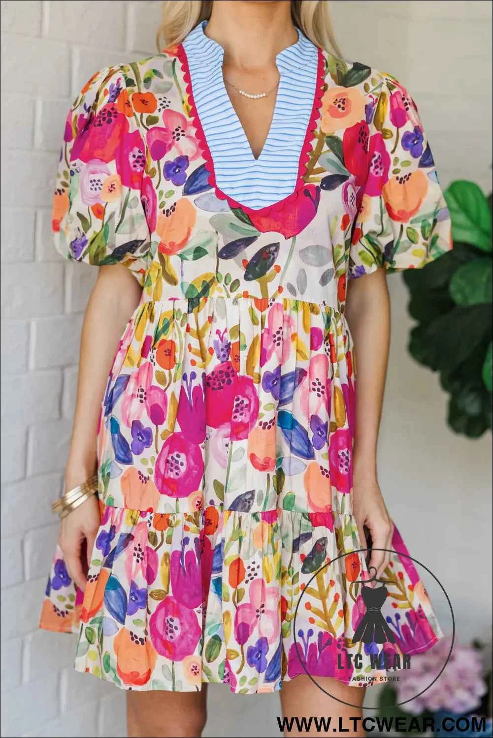 Rose Bright Floral Print Ricrac Trim Striped Patchwork V Neck Dress