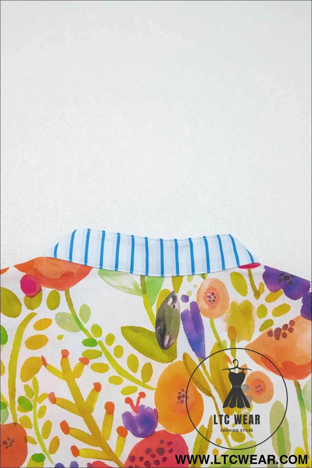 Rose Bright Floral Print Ricrac Trim Striped Patchwork V Neck Dress