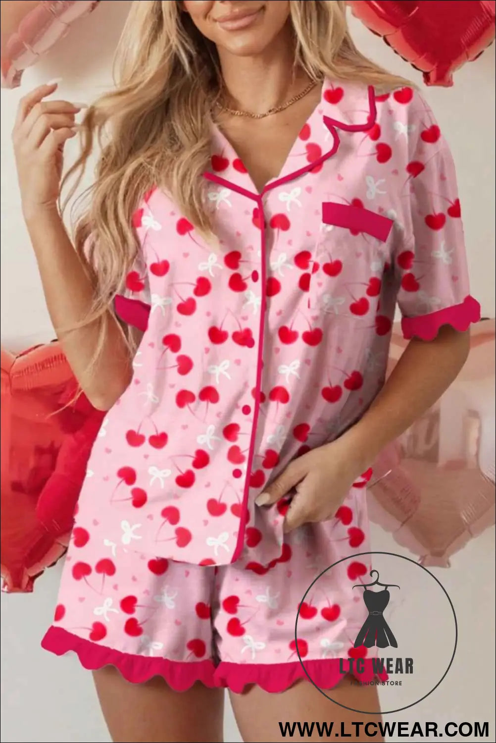 Rose Cherry Bow Mixed Print Scalloped Edge Short Pajama Set