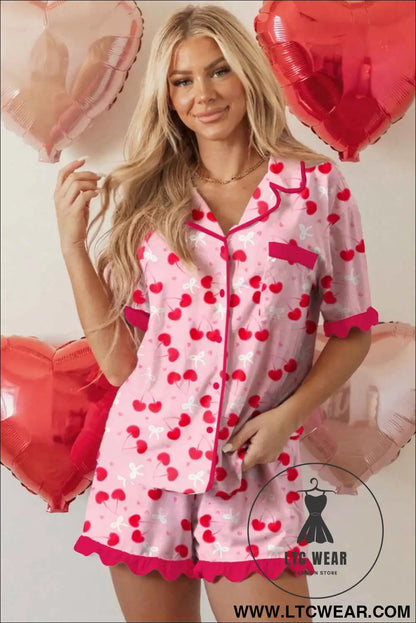 Rose Cherry Bow Mixed Print Scalloped Edge Short Pajama Set