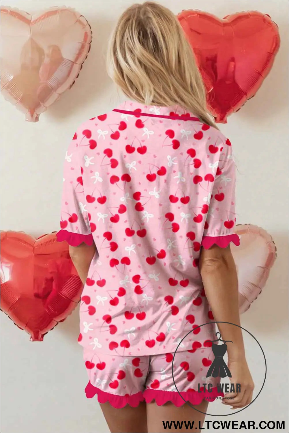 Rose Cherry Bow Mixed Print Scalloped Edge Short Pajama Set