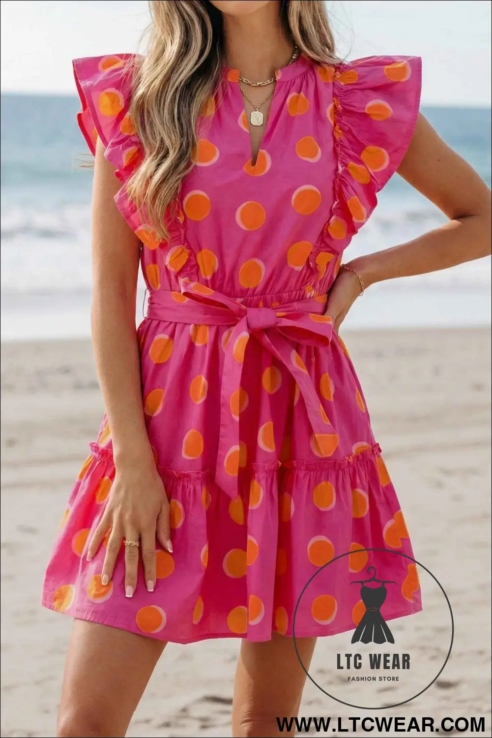 Rose Double Polka Dot V Neck Ruffled Short Sleeve Dress