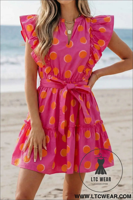 Rose Double Polka Dot V Neck Ruffled Short Sleeve Dress