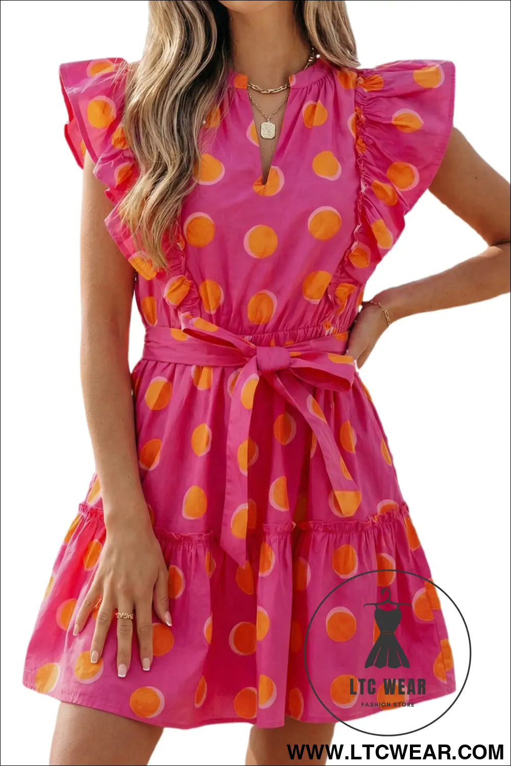 Rose Double Polka Dot V Neck Ruffled Short Sleeve Dress - L.T.C Wear Online Fashion Store
